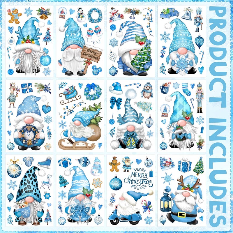 BORAMDO Christmas Gnome Snowflake Window Clings 12 Sheets, Blue Decals Stickers, Removable Holiday Decorations for Glass Windows, Xmas Home Office Decor, 12 Style - Image 3